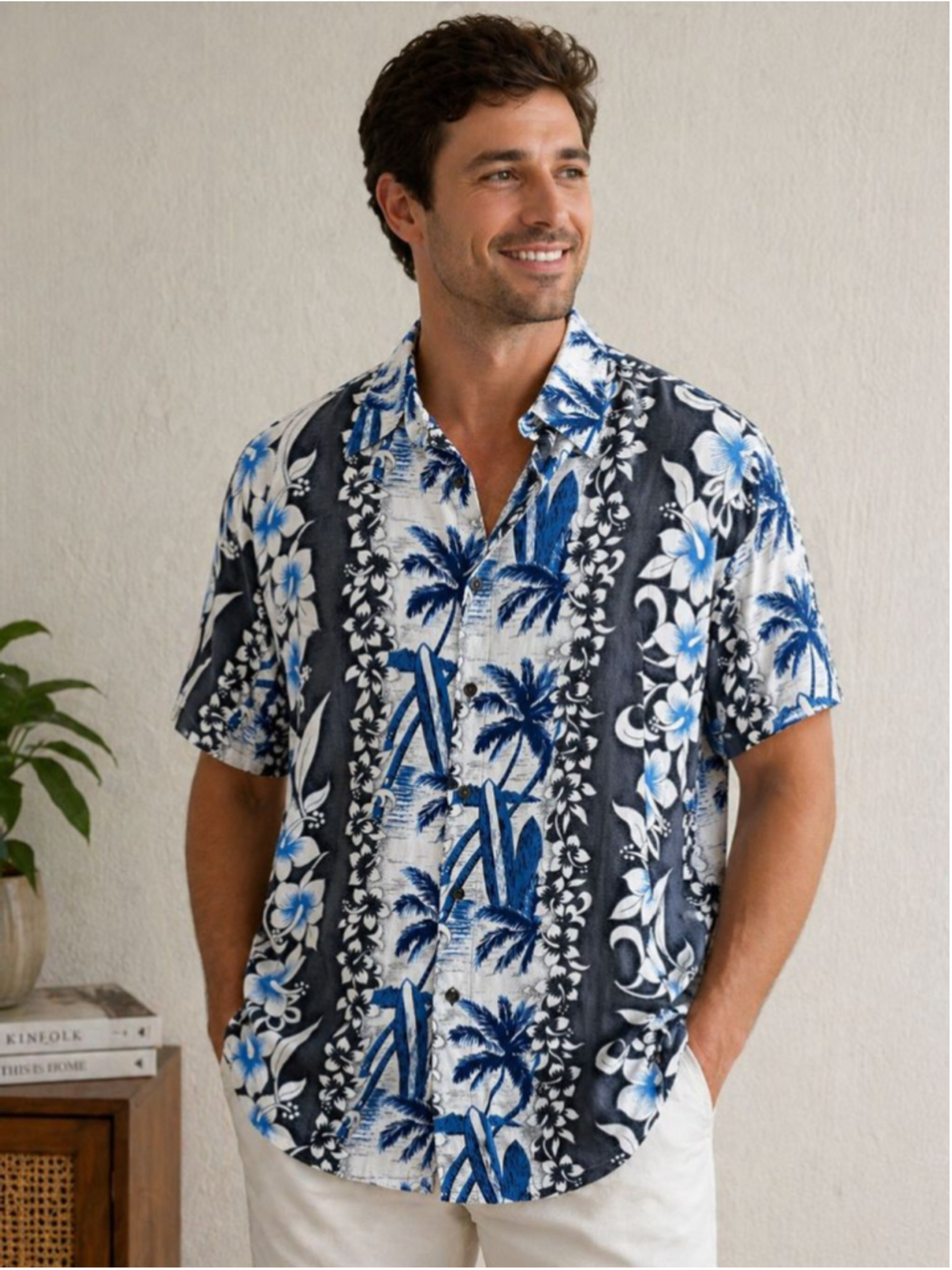 Puritan Blue & White Hawaiian Casual Button Down Shirt Men’s Size L